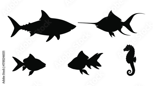 Diverse sea animal silhouettes isolated on white background, Vector