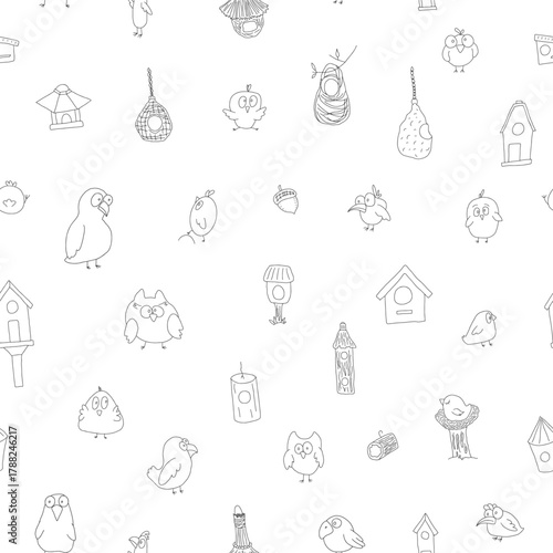 Cute birds and their birdhouses seamless pattern. Cute Cartoon birds background. Vector Illustration