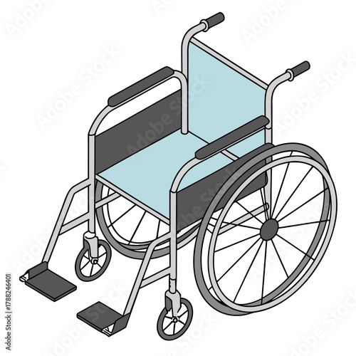 Vector illustration of a hospital wheelchair in isometric view, with focus on mobility aids and healthcare functionality.