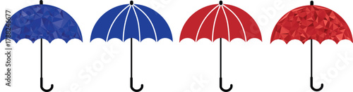 Four umbrellas in a row with different colors and patterns against a white background in a simple style