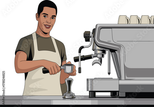 Smiling Male Barista Making Coffee on Espresso Machine Vector Illustration - Professional Cafe Graphic