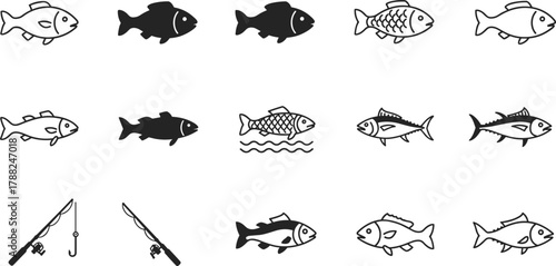 Fish icon, fishing rod, aquatic symbol, marine life, silhouette set, cad drawing flat vector illustration