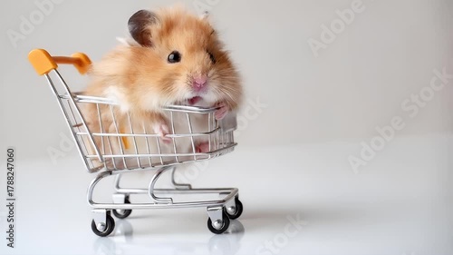 A closeup of a hamster inside a shopping cart. The hamster is positioned in the center of the cart, with its front paws resting on the basket. The cart itself is a small.