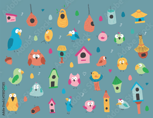 Cute birds collection, cartoon birds and birdhouses set. Vector illustration.