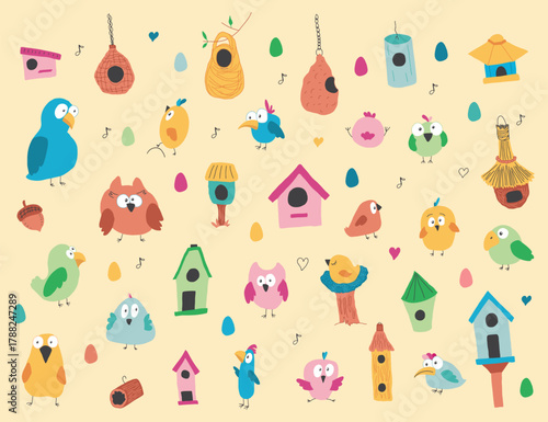Cute birds collection, cartoon birds and birdhouses set. Vector illustration.