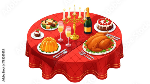 Festive Celebration Feast — Top-Down Stylized Illustration of Holiday Table with Turkey, Desserts, Candles, and Champagne on Red Tablecloth