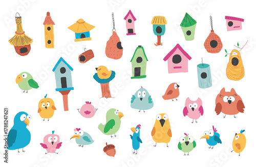 Cute birds collection, cartoon birds and birdhouses set. Vector illustration.