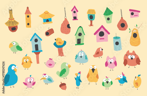 Cute birds collection, cartoon birds and birdhouses set. Vector illustration.