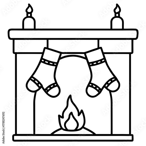 black and white fireplace with christmas stockings clip art preview