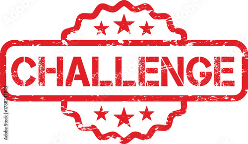 A red challenge stamp with five stars and a decorative border on a white isolated background image
