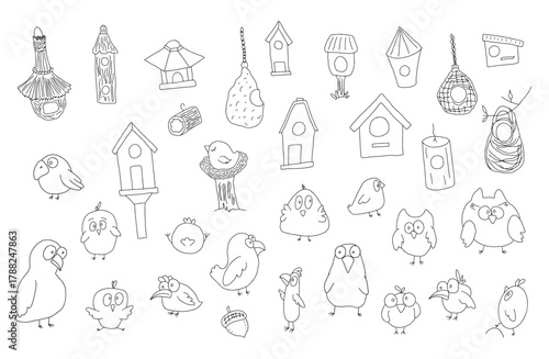 Cute birds collection, cartoon birds and birdhouses set. Vector illustration.