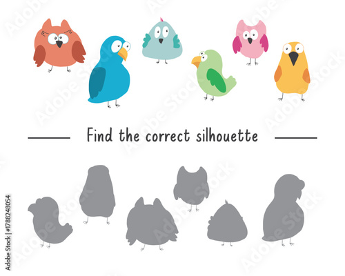 Matching game for children with cute birds, Logical activities for kids, match the birds with silhouette. Vector illustration