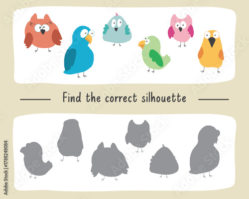 Matching game for children with cute birds, Logical activities for kids, match the birds with silhouette. Vector illustration