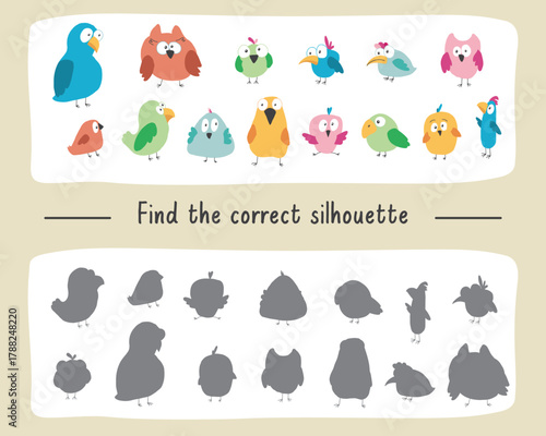Matching game for children with cute birds, Logical activities for kids, match the birds with silhouette. Vector illustration