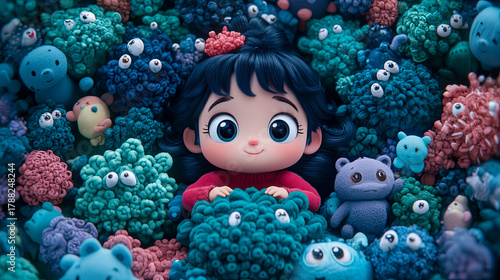 Whimsical scene of cute big-eyed cartoon girl joyfully nestled among vibrant collection of fluffy, adorable, and colorful monster-like creatures and plush toys
