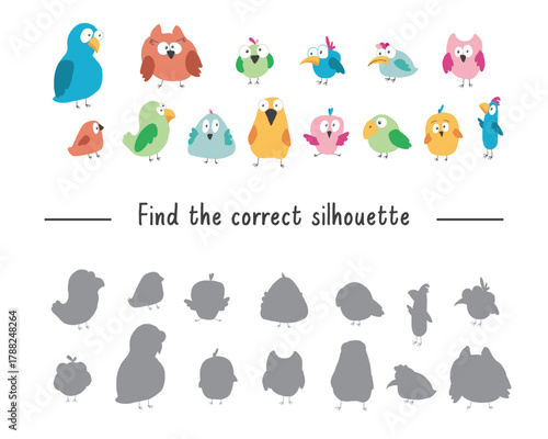 Matching game for children with cute birds, Logical activities for kids, match the birds with silhouette. Vector illustration