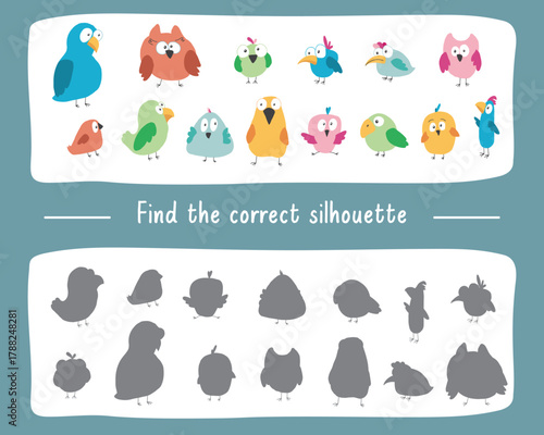 Matching game for children with cute birds, Logical activities for kids, match the birds with silhouette. Vector illustration