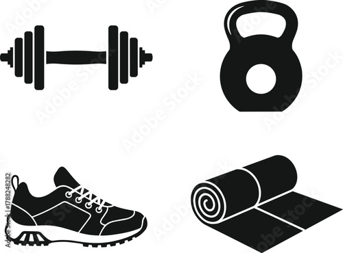 Fitness Gear Silhouettes, Barbell, Kettlebell, Shoe, Yoga Mat Icons, CAD Drawing Flat Vector IllustrationFitness Gear Silhouettes, Barbell, Kettlebell, 