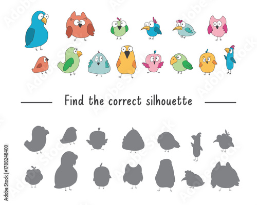 Matching game for children with cute birds, Logical activities for kids, match the birds with silhouette. Vector illustration
