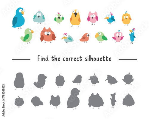 Matching game for children with cute birds, Logical activities for kids, match the birds with silhouette. Vector illustration