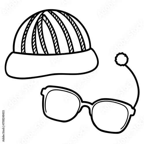 Simple line drawing of a beanie hat and glasses