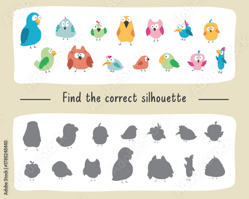 Matching game for children with cute birds, Logical activities for kids, match the birds with silhouette. Vector illustration