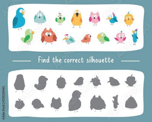Matching game for children with cute birds, Logical activities for kids, match the birds with silhouette. Vector illustration