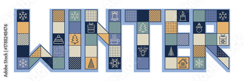 Vector inscription Winter, geometric text, winter and New Year symbols, holiday design