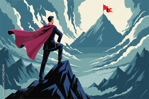 Businessman in cape on mountain peak gazes at distant flag