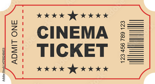 A beige cinema ticket with the text admit one cinema ticket and a barcode with stars on the top and bottom