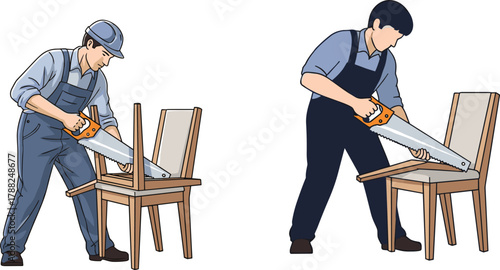 Carpenters cutting wooden chair with hand saw, woodworking illustration, furniture repair concept, professional craftsman design, and DIY construction art