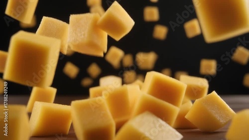 A dynamic cascade of savory yellow cheese cubes frozen in mid-air against a dark background, creating an appetizing food explosion