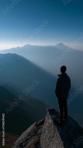 A man stands on a mountain top, looking out over the landscape. The sky is clear and the mountains are in the background. The man is lost in thought, taking in the beauty of the scene