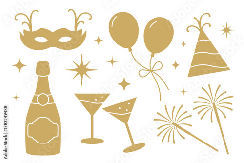 golden New Years Eve celebration elements: party mask, calendar, champagne bottle and glasses, party hat, sparklers, balloons, stars- vector illustration