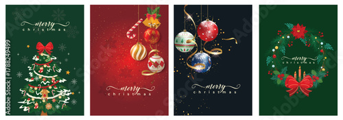 Festive christmas banners featuring ornate decorations and holiday greetings in gold script