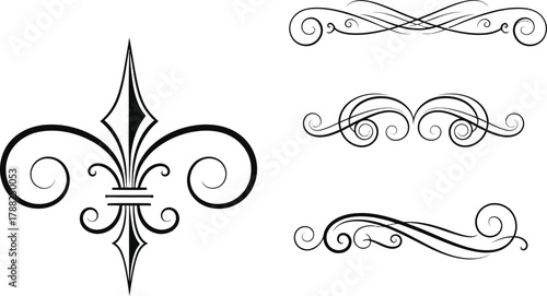 Ornate vector set with fleur de lis symbol and scroll dividers