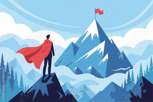 Man in cape overlooking mountains towards a flag on a peak