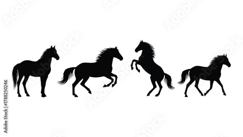 Horse silhouettes in dynamic poses isolated on white background, Vector