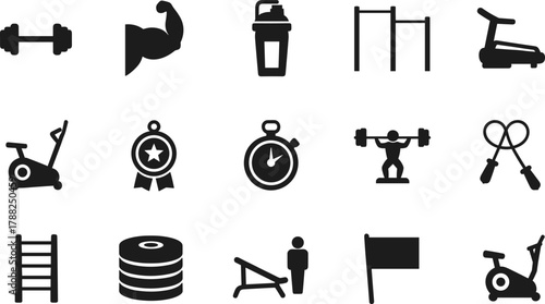 Fitness Icons Grid, Gym Equipment, Exercise Symbols, Dumbbell, Stopwatch, Bike, CAD Drawing Flat Vector Illustration