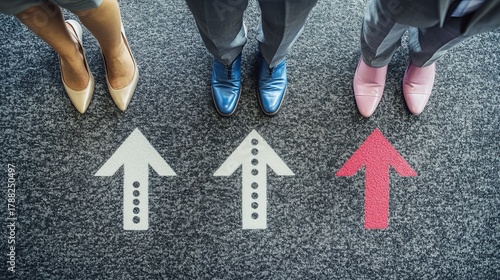Three business people standing together, showcasing diverse shoes with arrows.