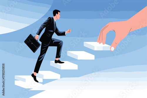 Businessman climbing stairs with helping hand career