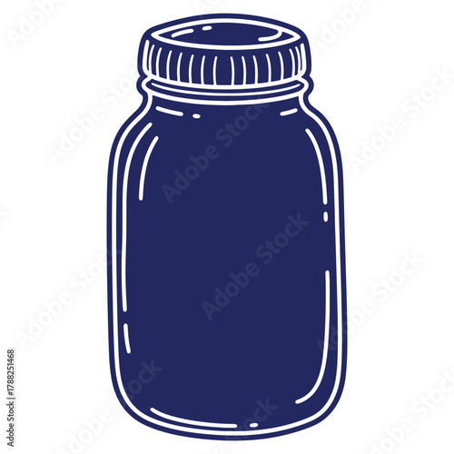 Simple dark blue glass jar illustration with a screw top lid and a white outline on white background