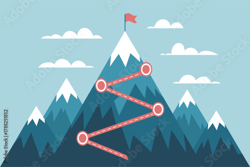Mountain range with a winding path to a flag on a peak