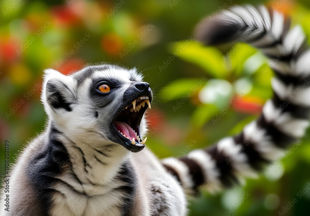 Obraz premium Cute ring-tailed lemur (Lemur catta) portrait on a tree branch, a wild mammal from Madagascar with black and white striped fur and eyes looking at the viewer