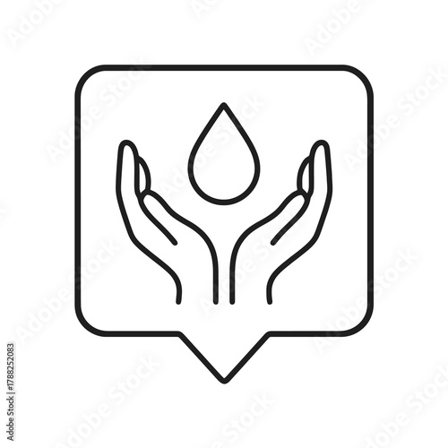 Thin-line hands with water drop icon inside a square pin, symbolizing hydration and skincare protection. Perfect for wellness brands, spas, and beauty dashboards.