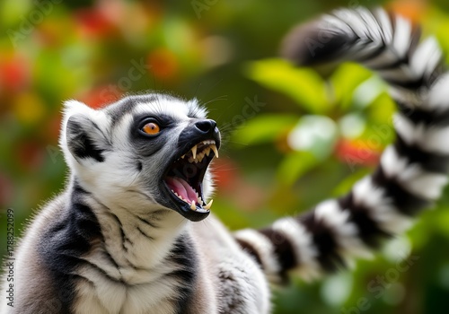 Cute ring-tailed lemur (Lemur catta) portrait on a tree branch, a wild mammal from Madagascar with black and white striped fur and eyes looking at the viewer
