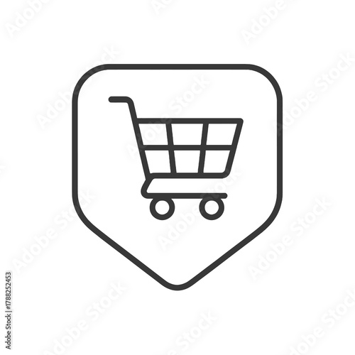 Thin-line shopping cart icon inside a square pin, symbolizing e-commerce and retail. Perfect for store dashboards, market visuals, and purchase illustrations.