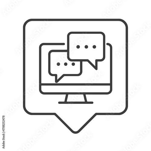Minimalist line vector of a desktop with messages in square pin shape, representing workplace collaboration, digital chat, and employee interaction.