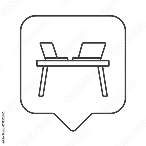 Thin-line coworking desk with two laptops icon inside a square pin, symbolizing teamwork and modern workspace. Perfect for business dashboards and collaboration visuals.