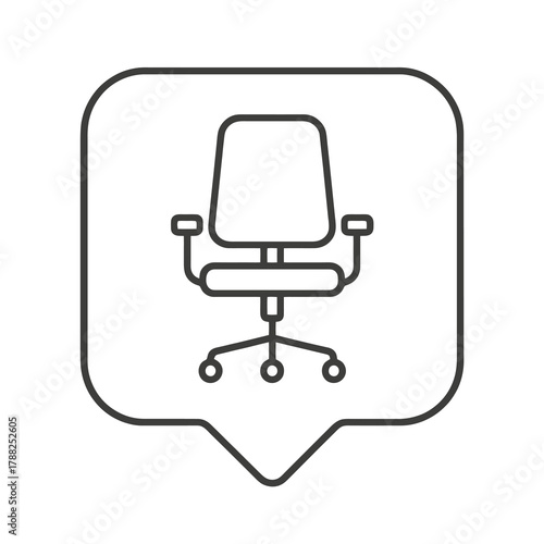 Thin-line office chair icon inside a square pin, symbolizing comfort and productivity. Perfect for coworking visuals, HR dashboards, and office workspace designs.